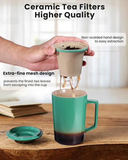 15 oz Ceramic Tea Infuser Cup with Lid - Tea Mug with All Porcelain Strainer for Loose Leaf Teas,Microwave and Dishwasher Safe,Metal-Free,BPA-Free for Tea Lovers/Birthday (Black)