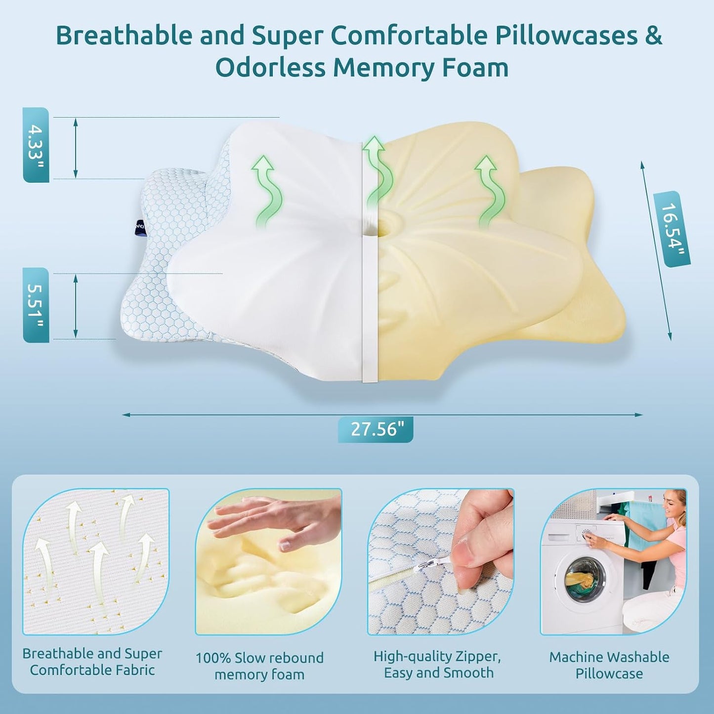 DONAMA Contour Cervical Neck Pillow for Neck Pain Relief | Queen,Ergonomic Dual-Height,Odorless Memory Foam,Side/Back/Stomach Sleepers,Cooling Hypoallergenic Cover,OEKO-TEX Certified
