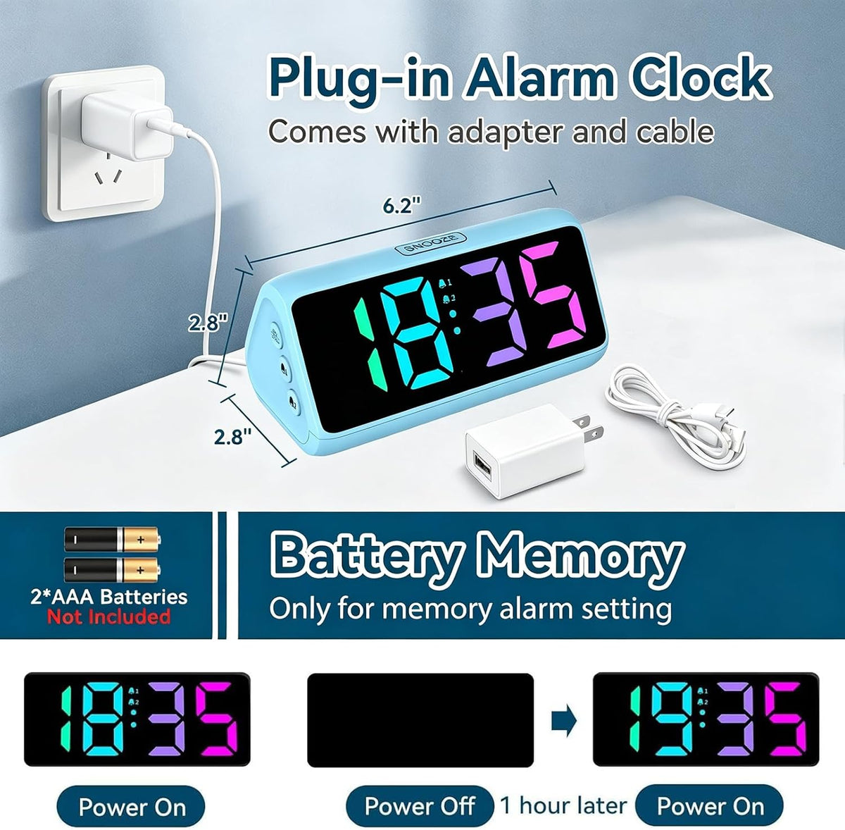 Netzu Loud Alarm Clock for Heavy Sleepers, RGB Alarm Clocks for Bedrooms Seniors Kids, Plug in Digital Clock with 5 Dimmers, 2 Alarms, 4 Volumes and Snooze