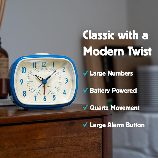 Kikkerland Retro Alarm Clock – Vintage Decor for Bedroom, Nightstand, Living Room, or Office – Battery Operated, Decorative Analog Clock, Green