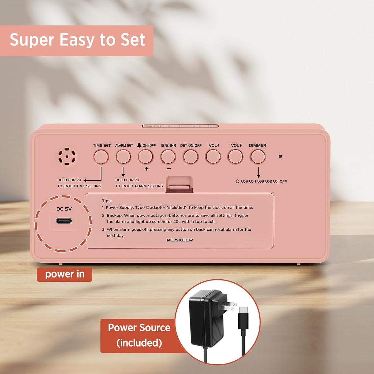 Peakeep Digital Alarm Clock for Bedroom Bedside, Large Display, USB Charger