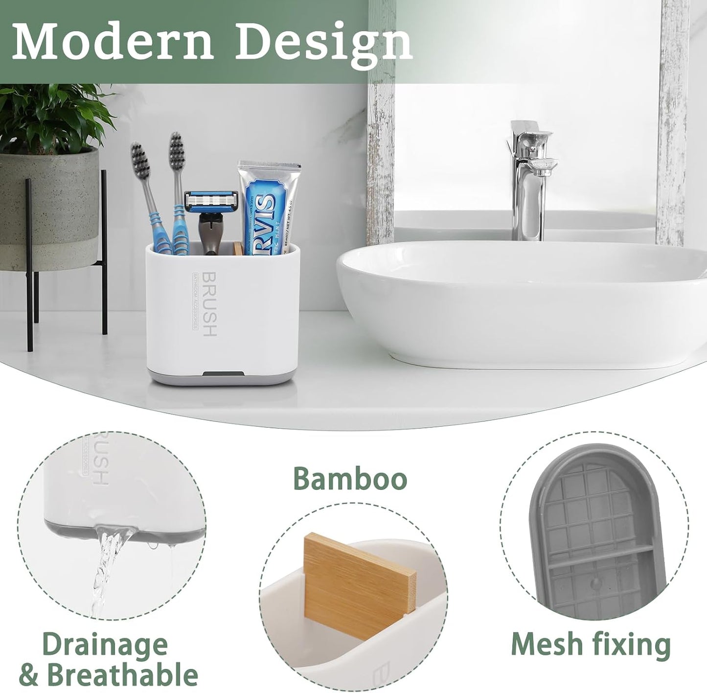 Bamboo Toothbrush Holder for Bathrooms Toothpaste Organizer, Small, White | 2 Slots, Easy to Clean, Plastic, Kids Electric Toothbrush, Drainage, Removable, For Bathroom, Vanity, Kitchen Sink, Office