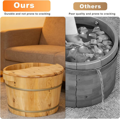 tonchean 15.74in*12.2in*10.23in Wooden Foot Bath Bucket, Thick Insulated Wooden Foot Basin with Massage Roller and Lid Foot Wash Bucket for Foot Bath, Massage, Spa Suitable for All Ages