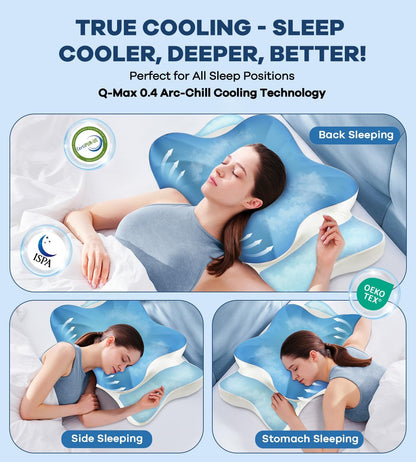 DONAMA Contour Cervical Neck Pillow for Neck Pain Relief | Queen,Ergonomic Dual-Height,Odorless Memory Foam,Side/Back/Stomach Sleepers,Cooling Hypoallergenic Cover,OEKO-TEX Certified