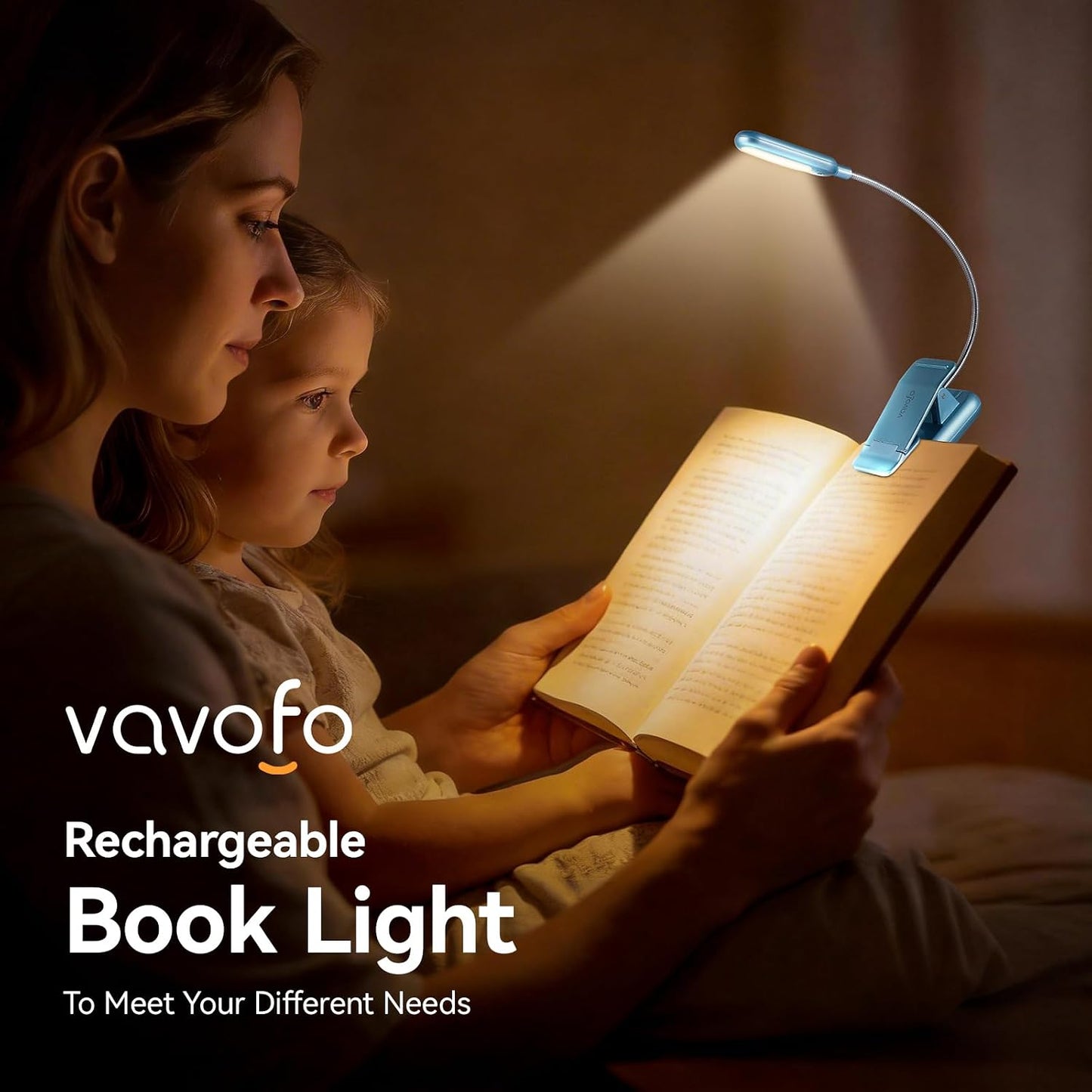 VAVOFO Rechargeable Book Light for Reading in Bed Kids, 7 LED Reading Light with 9-Level Warm Cool White Daylight, Eye Care Lamp with Power Indicator for Bookworms (Yellow)