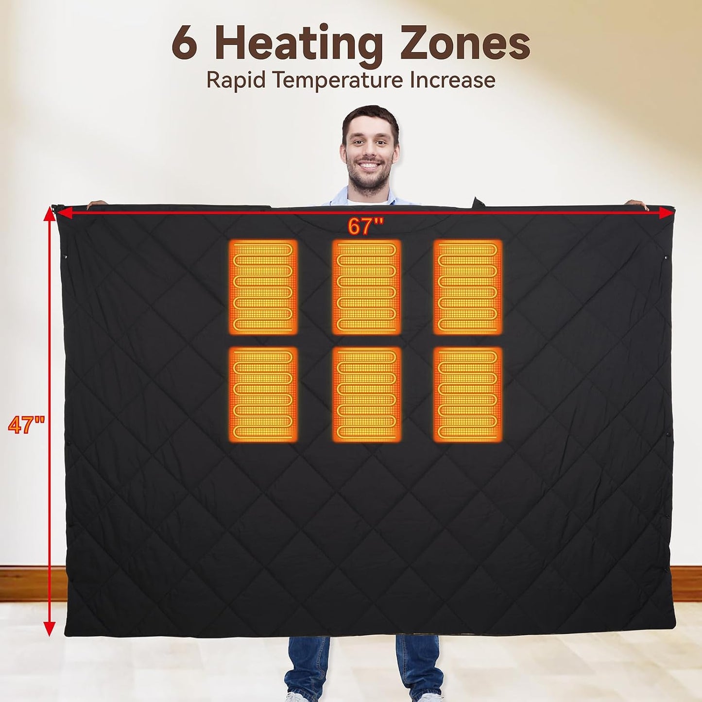 Cordless Battery Operated Heated Blanket, Portable Outdoor Heated Blanket | Extra Large 67"x47" Windproof Rechargeable Heated Throw, 6 Fast-Heating Zones for Camping, Hiking, Stadium Events & Travel
