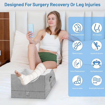 TranquilRelax Leg Elevation Pillow for After Surgery, Wedge Pillow, Grey | Single-leg design, adjustable height, U-shaped cradle, supportive memory foam, washable cover, leg elevation for swelling
