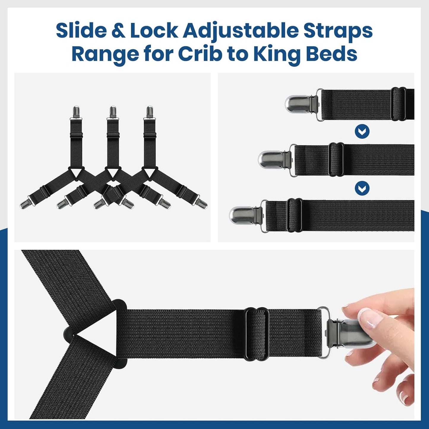 FeelAtHome Adjustable Bed Sheet Clips & Corner Fasteners, 4 Pack, White | Heavy Duty Elastic Straps Keep Fitted Sheets Securely in Place. Ideal Corner Holders for Twin, Queen, King, RV & Bunk Beds