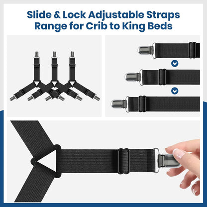 FeelAtHome Adjustable Bed Sheet Clips & Corner Fasteners, 4 Pack, White | Heavy Duty Elastic Straps Keep Fitted Sheets Securely in Place. Ideal Corner Holders for Twin, Queen, King, RV & Bunk Beds