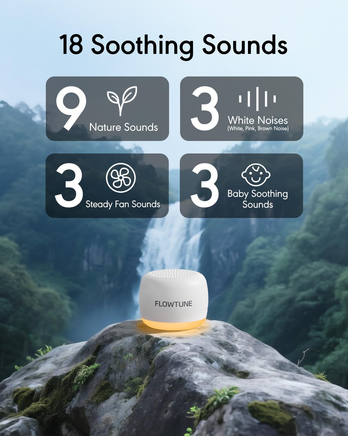 FLOWTUNE Sound Machine with Night Light White Noise Machine for Baby Adults, 18 Non-looping Sounds, Timer, Memory Function, Portable Sleep Sound Therapy Gift
