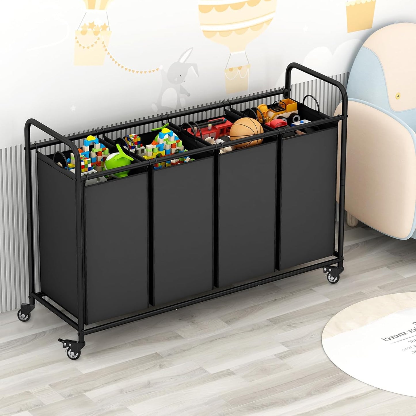LINZINAR 3 Section Laundry Hamper, Black Laundry Basket 135L Laundry Sorter | Laundry Room Organization with Heavy Duty Rolling Lockable Wheels and Removable Bag, Bedroom Laundry Cart for Clothes Storage