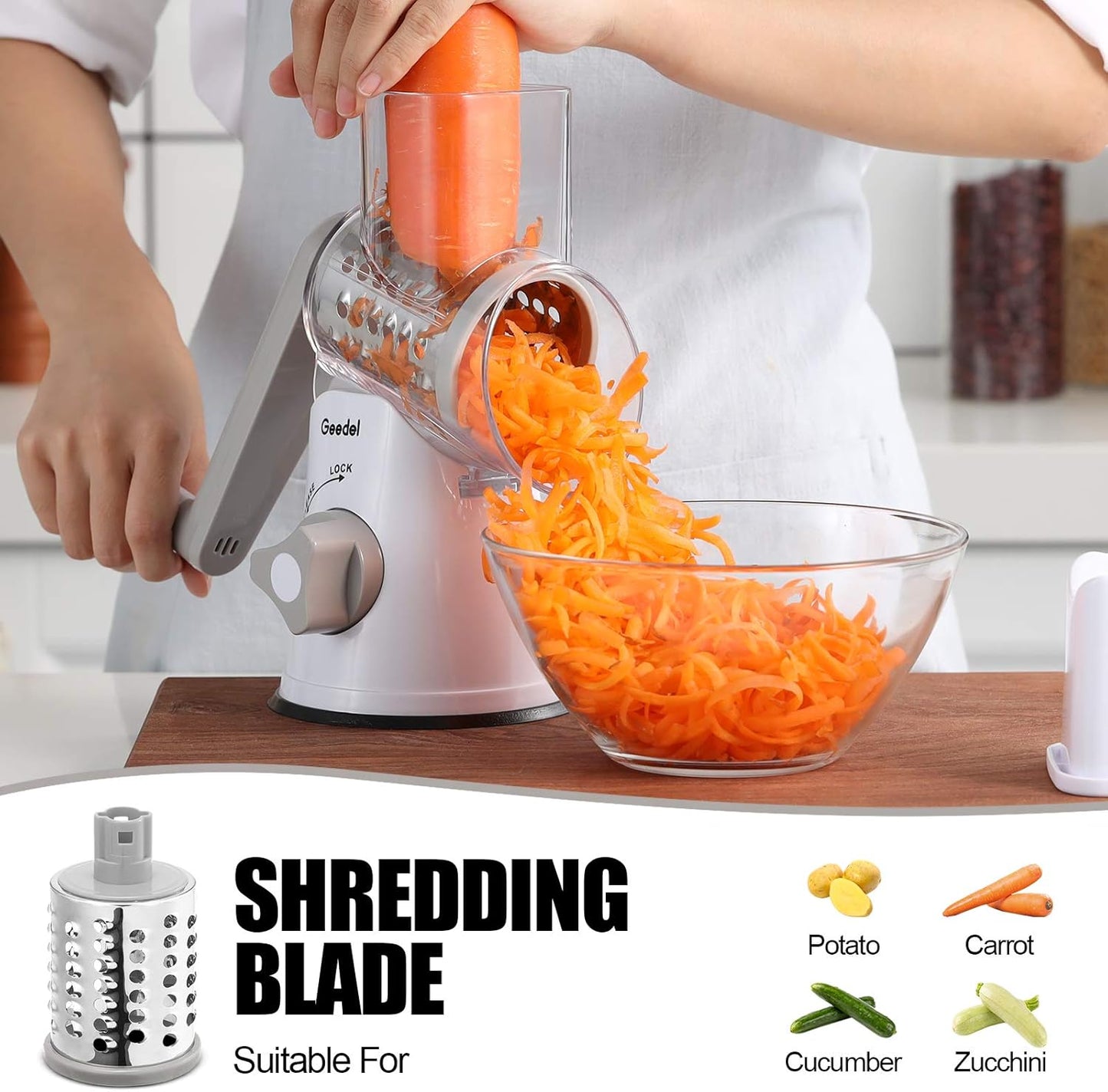 Geedel Rotary Cheese Grater, Kitchen Mandoline Vegetable Slicer with 3 Interchangeable Blades, Easy to Clean Rotary Grater Slicer for Fruit, Vegetables, Nuts | 3 Blades, 430 Stainless Steel, 12x Fast Cutting, Strong Suction Base, No BPA, Dishwasher Safe,