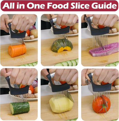 Onion Holder Slicer with Stainless Steel Blades, Vegetable Chopper for Tomato, Potato, Avocado, Lemon, Food Cutting Assistant Tool