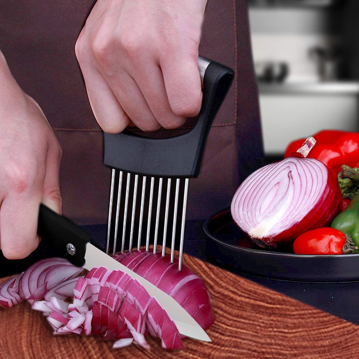 Onion Holder & Lemon Slicer Cutter Tool – Stainless Steel Vegetable & Fruit Slicing Assistant for Easy, Safe Cutting (Silver)