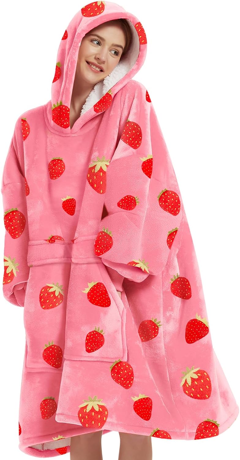 KFUBUO Wearable Blanket Hoodie for Adults With Pocket Strawberry Hoodie