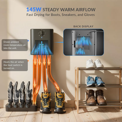 Wall Mount Shoe and Boot Dryer, Black | Glove Attachment, 4 Flexible Tubes, 4 Glove Racks, 180 Min Timer
