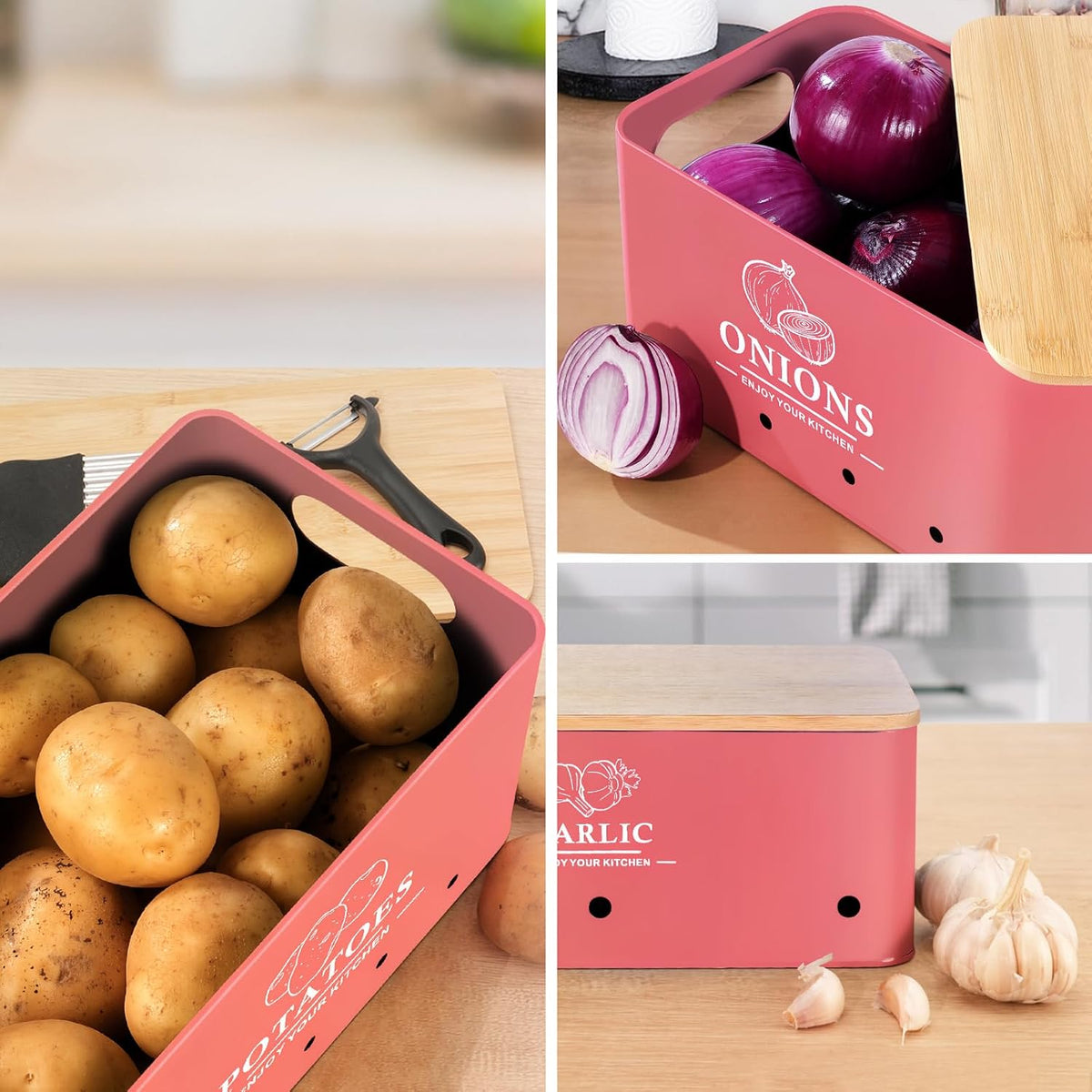 Kitchen Vegetable Storage Set of 3, Metal Onion Garlic Potato Storage Set, Kitchen Canisters Vegetable Keeper Containers with Aerating Holes and Bamboo Lid,Black