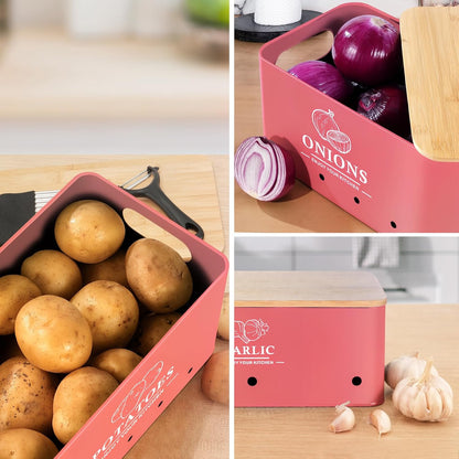 Kitchen Vegetable Storage Set of 3, Metal Onion Garlic Potato Storage Set, Kitchen Canisters Vegetable Keeper Containers with Aerating Holes and Bamboo Lid,Black