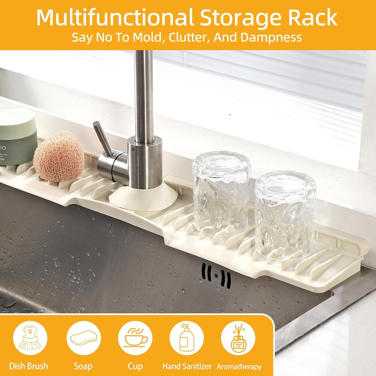 24" Silicone Sink Mat for Kitchen(Released in 2026), Beige | 8° Slope for Quick Self-draining, Sink Splash Guard Behind the Faucet, Narrow Water Splash Guard, for Kitchen&Bathroom Area