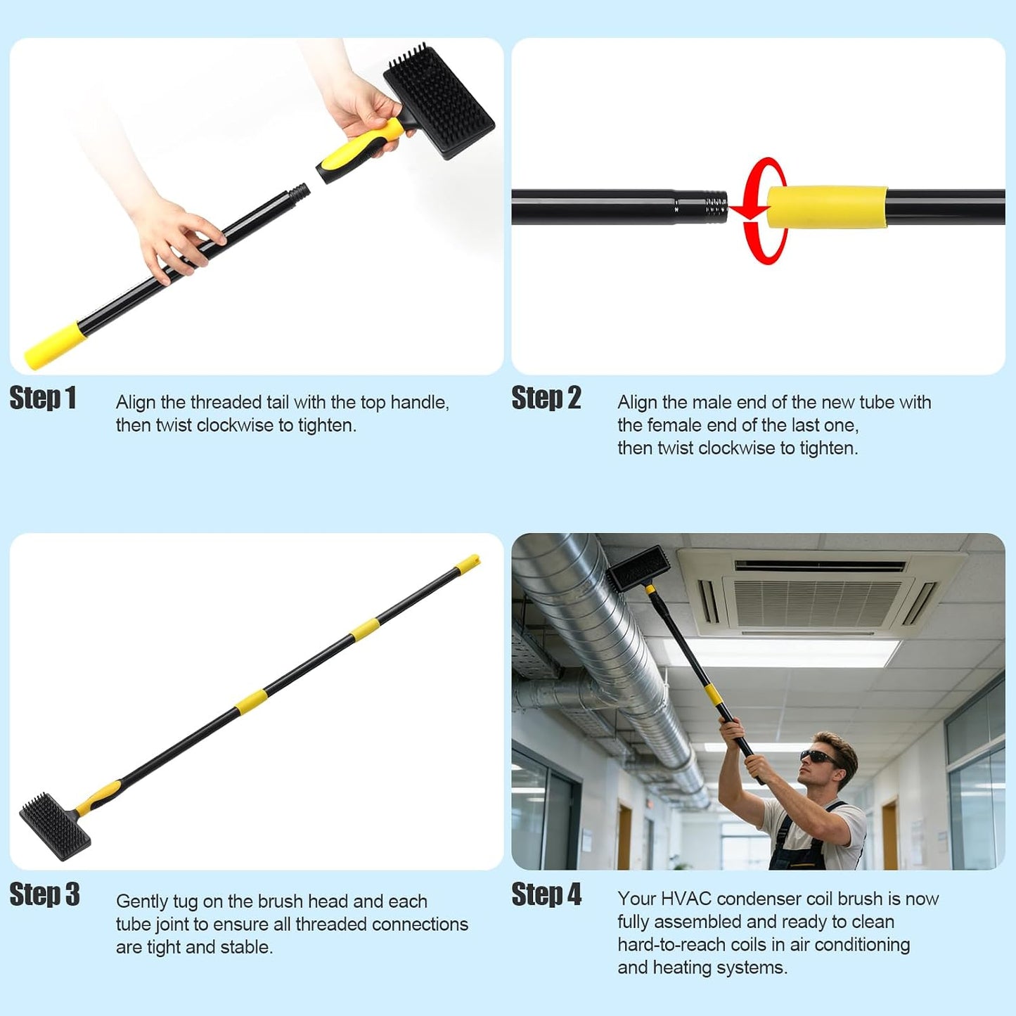 HVAC Coil Cleaning Brush with Long Handle, Double-Sided AC Evaporator & Condenser Coil Cleaner Brush, Carpet Pet Hair Remover for Vents, Ducts, Furniture