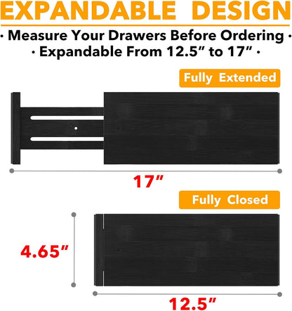 SpaceAid Bamboo Dresser Drawer Dividers 6 Pack, 4.65“ High Adjustable 12.5“-17” Drawer Organizers, Expandable Organization for Clothing, Clothes, Dressers, Natural