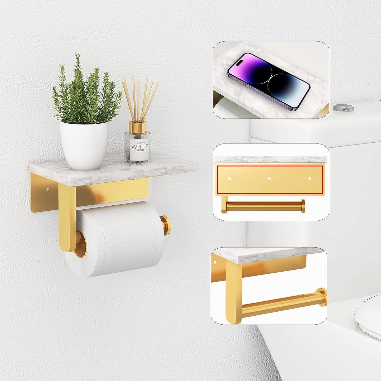 Gypie Marble Toilet Paper Holder with Shelf, Wall Mounted Matte Black | Stainless Steel Tissue Roll Paper Holder Dispenser for Bathroom Washroom