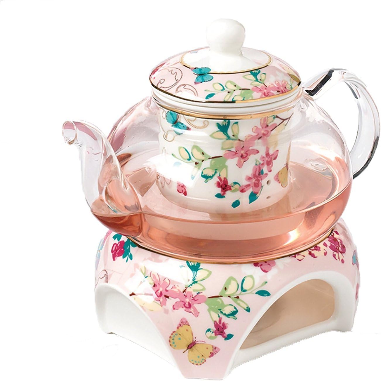 YBKTEX Glass Teapot with Ceramic Warmer- Butterflies Pattern (Pink)
