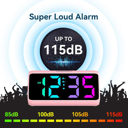 Netzu Loud Alarm Clock for Heavy Sleepers, RGB Alarm Clocks for Bedrooms Seniors Kids, Plug in Digital Clock with 5 Dimmers, 2 Alarms, 4 Volumes and Snooze