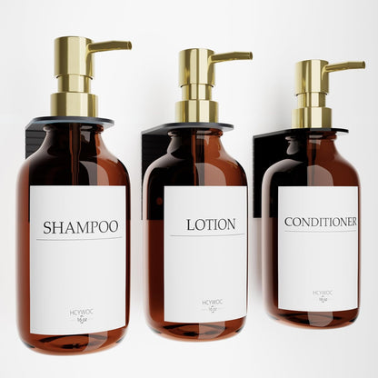 3 Pack Wall Mount Shower Dispenser, No Drill, 16 Waterproof Labels | Shampoo Dispenser for Shower Wall, Shampoo and Conditioner Dispenser, Bathroom, 17oz, Gold Amber