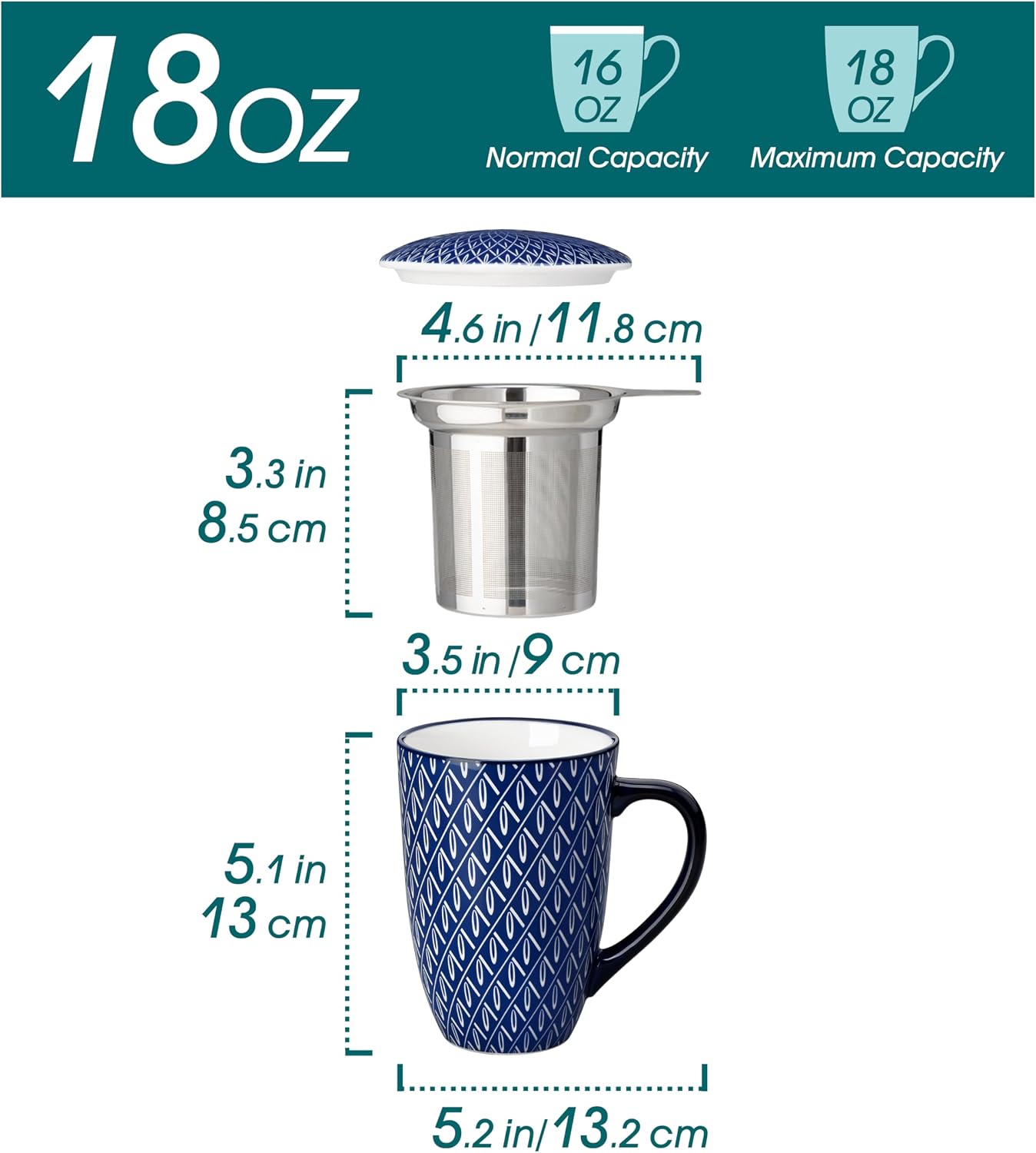 vancasso SELENE Porcelain Tea Mug, 18 oz Porcelain Tea Cup with Infuser and Lid Steeps Loose Leaf Tea, Microwave & Dishwasher Safe, Five-Leaf Clover