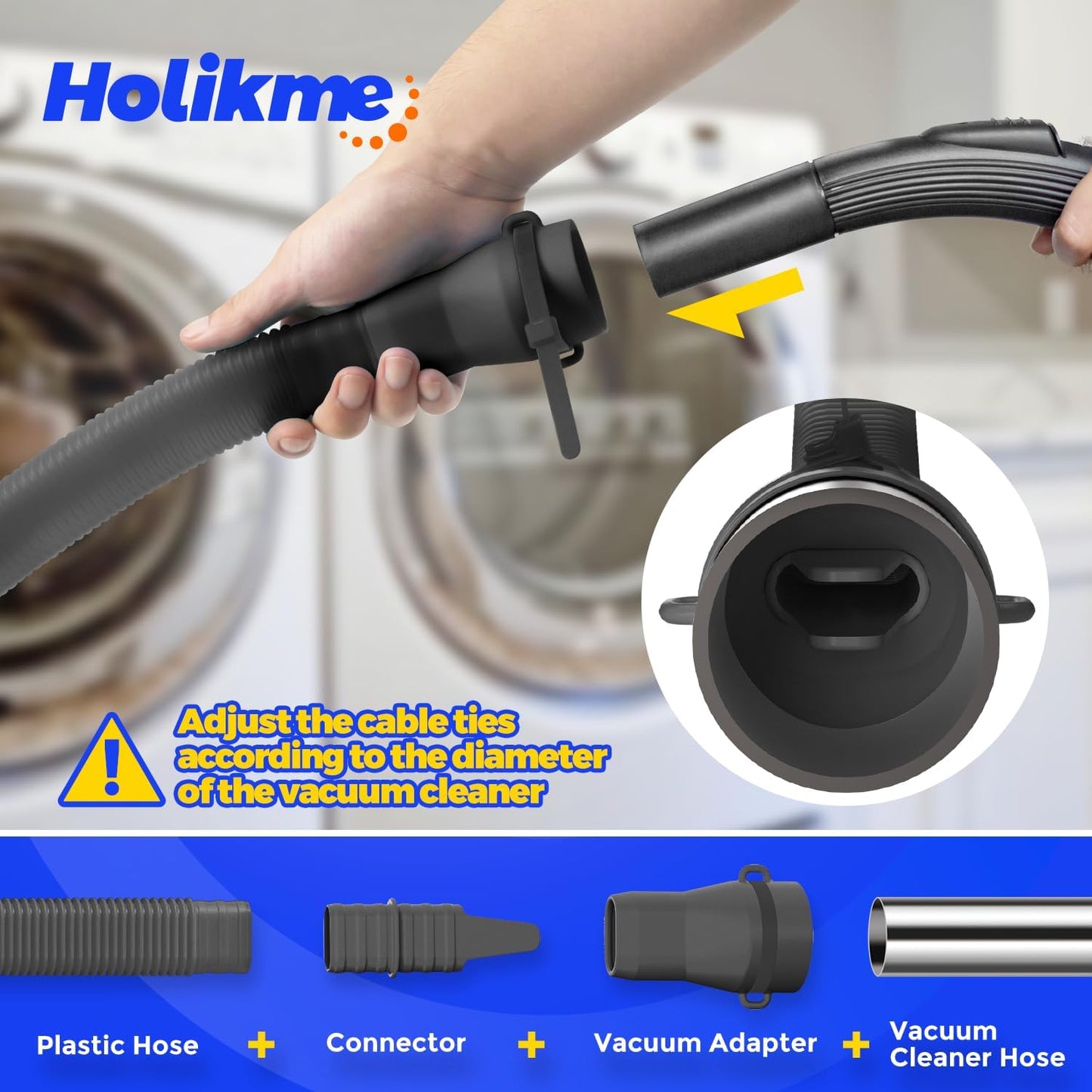 Holikme Dryer Vent Cleaner Kit, Vacuum Hose Attachment, 2-Piece, Black | Adjustable Cable Tie for Easy Attachment, Flexible Lint Brush Removes Lint from Dryer Lint Screens and Tight Spaces