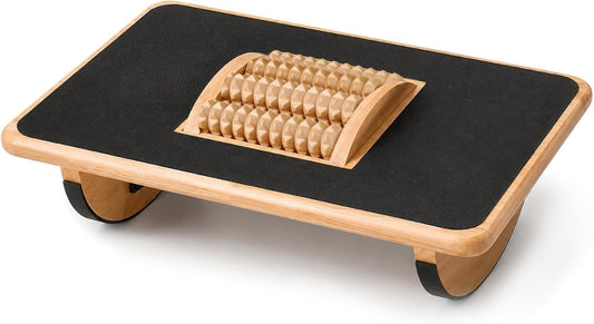 Foldable Under Desk Foot Rest, Wooden Rocking Footrest with 4 Massage Rollers, Natural Rubber Wood Ergonomic Foot Stool with Silicone Anti-Slip Surface, Office Home Study Footrest for Post