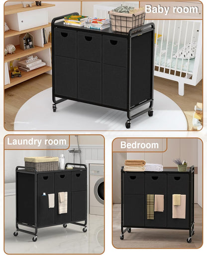 Laundry Sorter 3 Section,Laundry Basket with Wheels,3×15.8 Gal (60L) | Laundry Room Organization with Wooden Desktop Shelf,Pull-Out and Removable 900D Oxford Fabric Laundry Bags for Laundry Room
