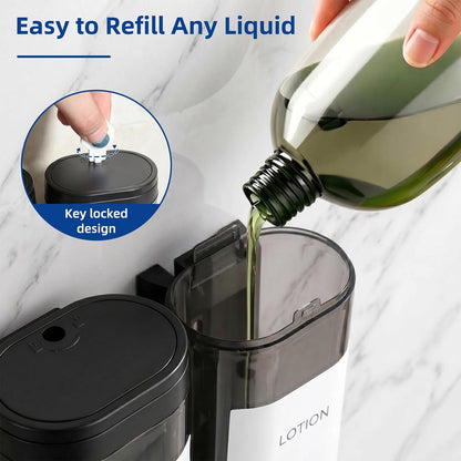 GMISUN Shower Soap Dispenser Wall Mounted with Razor Holder & Loofah Hook, No Drill Design Shampoo and Conditioner Dispenser, Plastic Shower Soap Dispenser Bottles with Labels Set of 3,Satin Silver
