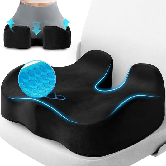 CushyOasis Seat Cushion, Gel Memory Foam Office Chair Cushions, (Black) | Anti-Slip Back & Removable Cover, Ergonomic Tailbone Support Seat Cushion, Memory Foam Seat Cushion for Office