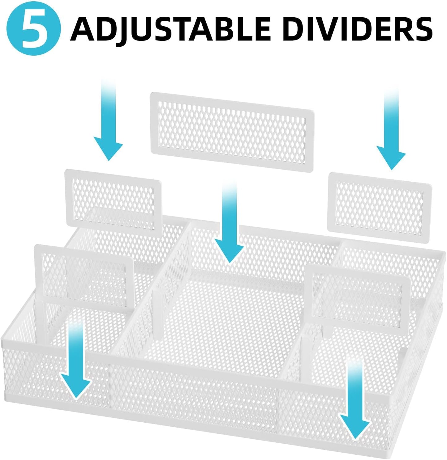 Marbrasse 2 Pack Desk Drawer Organizer, Mesh Drawer Organizer Tray with 8 Adjustable Compartments, Desk Organizers and Accessories, 5 Dividers Drawer for Office Supplies, Makeup & Vanity (Black)