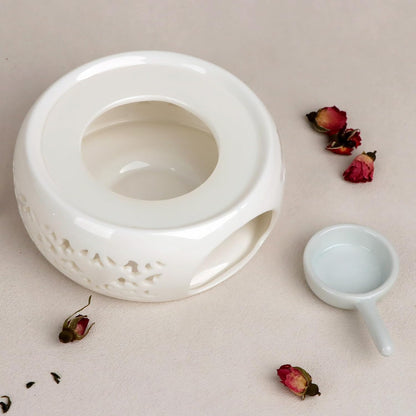Teapot Warmer, Ceramic Tea Warmer with Tealight Holder, Teapot Heater for Heating Tea, Coffee, Milk, Tea Light Warmer (White)