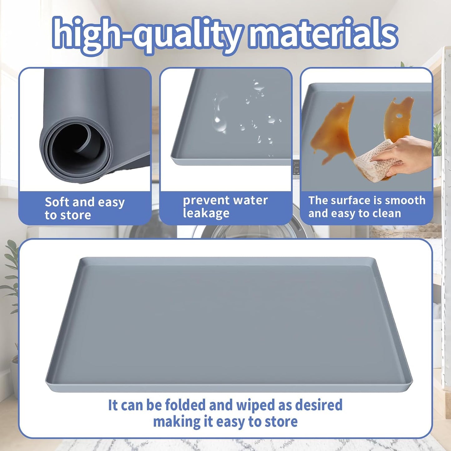 27x27 Inch Foldable Silicone Washing Machine Drain Pan Grey | 0.78 Inch Raised Lip, Waterproof Leak Proof, Non Slip Drain Tray, For Washer, Dryer, Fridge, Dishwasher