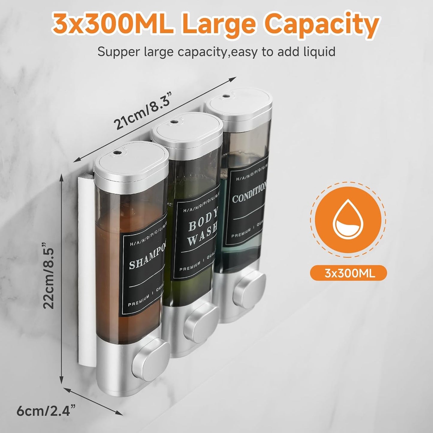 Shampoo and Conditioner Dispenser,Shower Soap Dispenser 3 Chamber No Drill Wall-Mounted Shampoo Dispenser for Shower Wall Mounted Shower Dispenser for Bathroom Hotel Large Capacity,Black