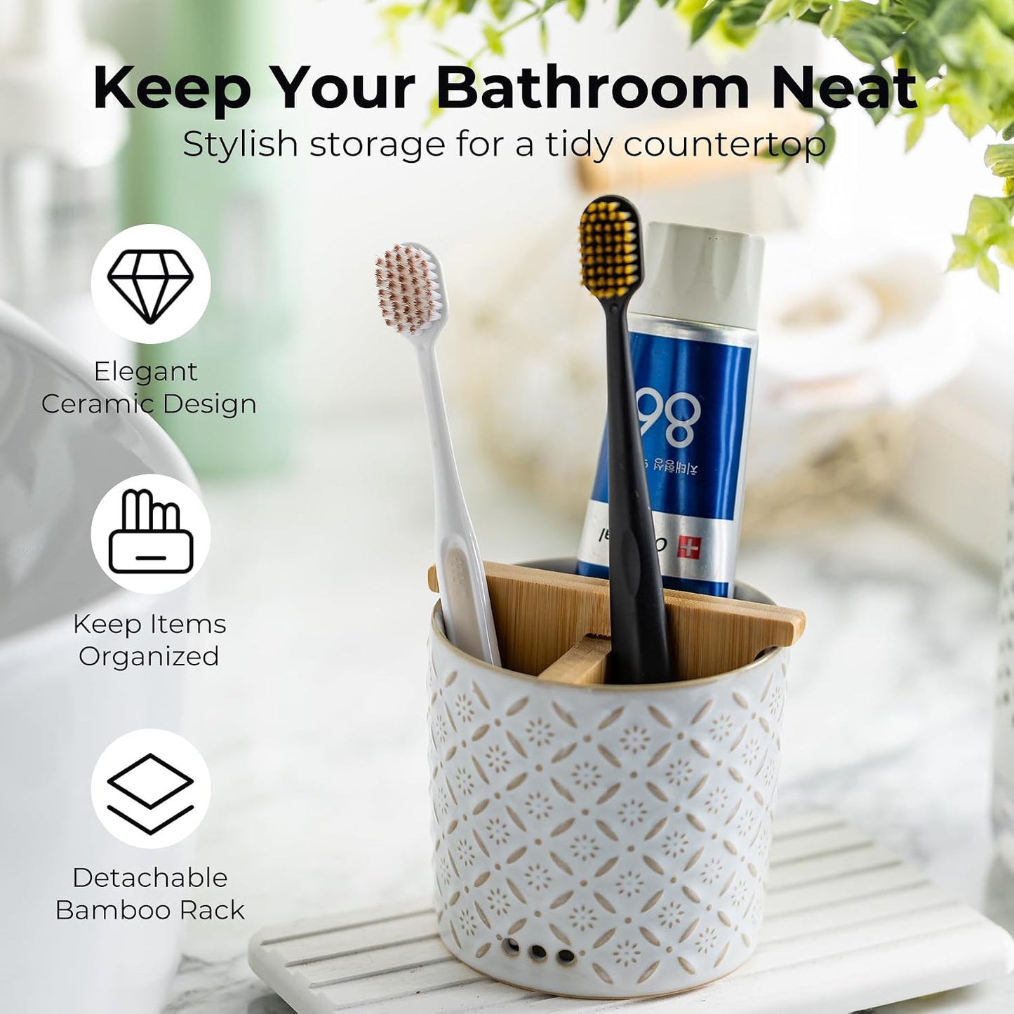 Zoeeker Toothbrush Holder with Drainage, Ceramic Toothbrush Holders Set | Electric Toothbrush & Toothpaste Holder for Bathrooms Self-draining Tooth Brush Cup Countertop Organizers for Family, Yellow