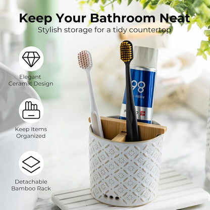 Zoeeker Toothbrush Holder with Drainage, Ceramic Toothbrush Holders Set | Electric Toothbrush & Toothpaste Holder for Bathrooms Self-draining Tooth Brush Cup Countertop Organizers for Family, Yellow