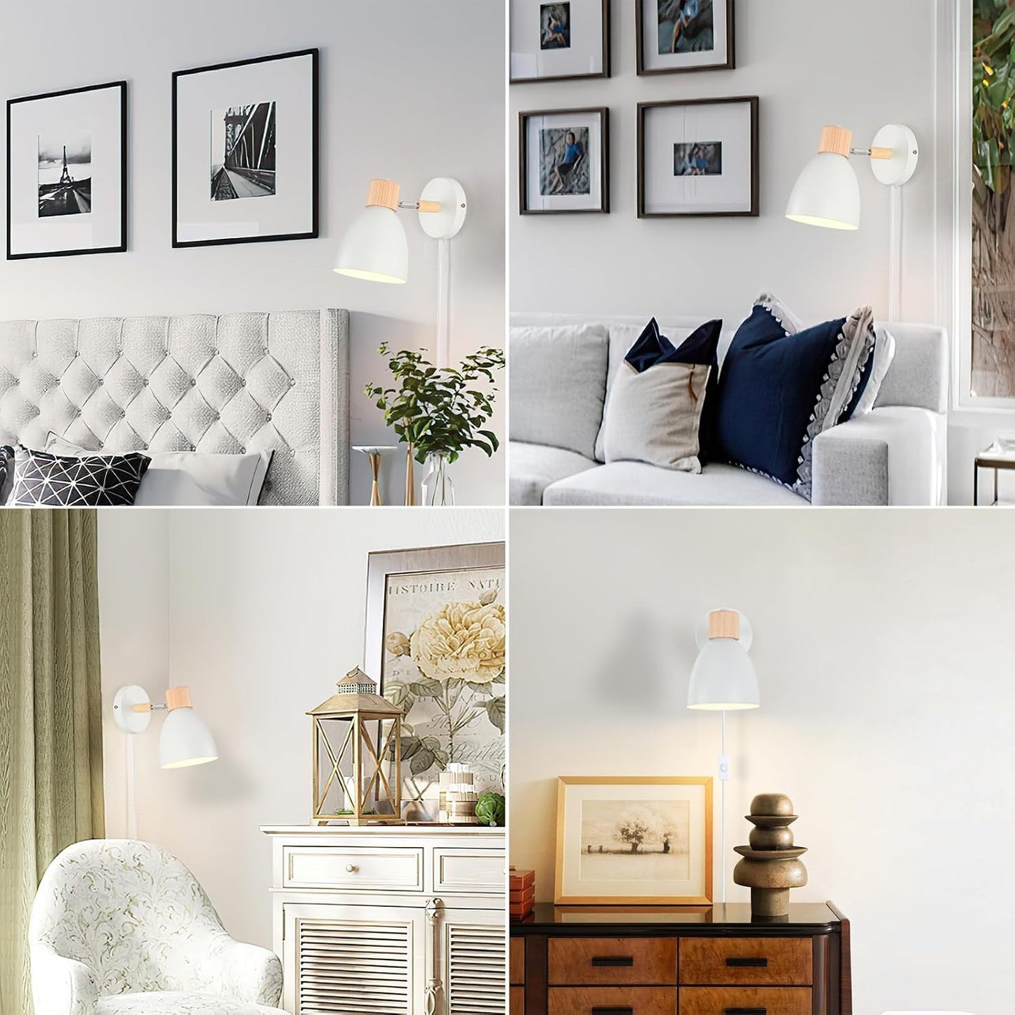 Wall Sconces Plug in, Swing Arm Wall Lamp with Power Cord, White Plug in Wall Lighting Fixtures Set of Two, Bedside Wall Mounted Reading Lamp with Switch, for Bedside Bedroom Hallway