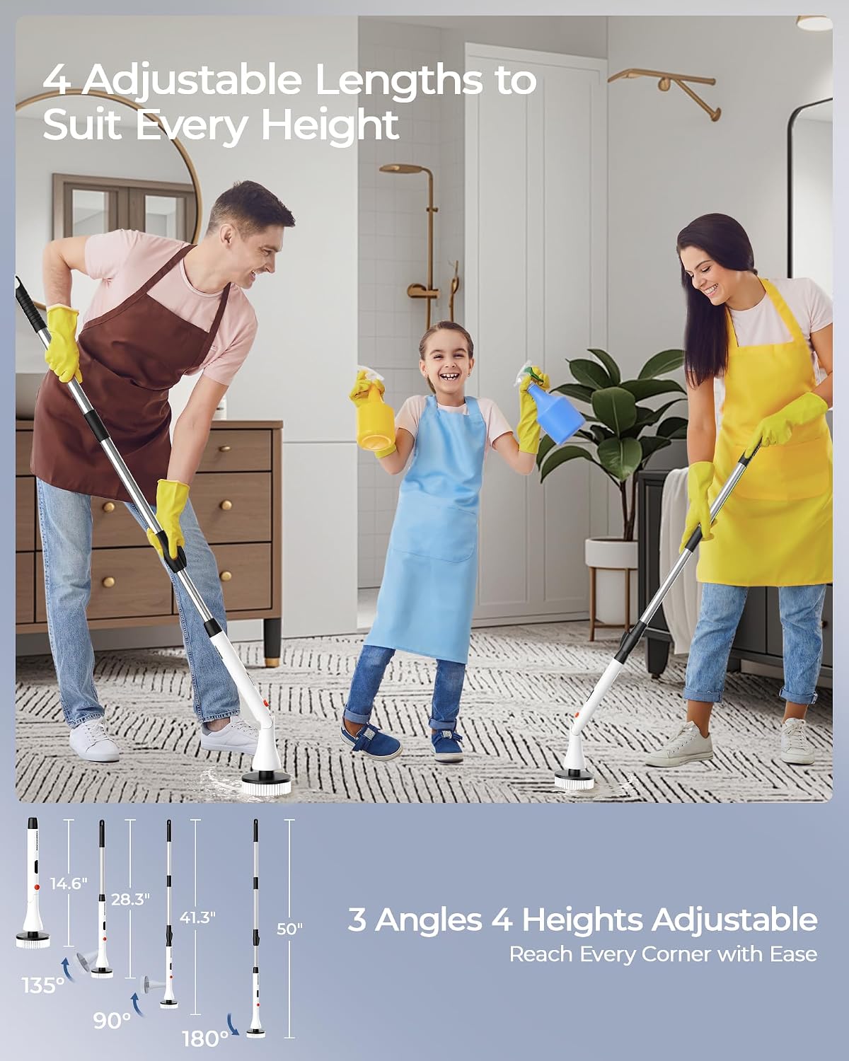 MayKing Electric Spin Scrubber with 9 Brush Heads, IPX7, Model Blue | 3-Angle & 4-Length Adjustable Cordless Power Scrubber, 3-Speed & Battery LED Display, for Bathroom, Tub, Floor & Tiles