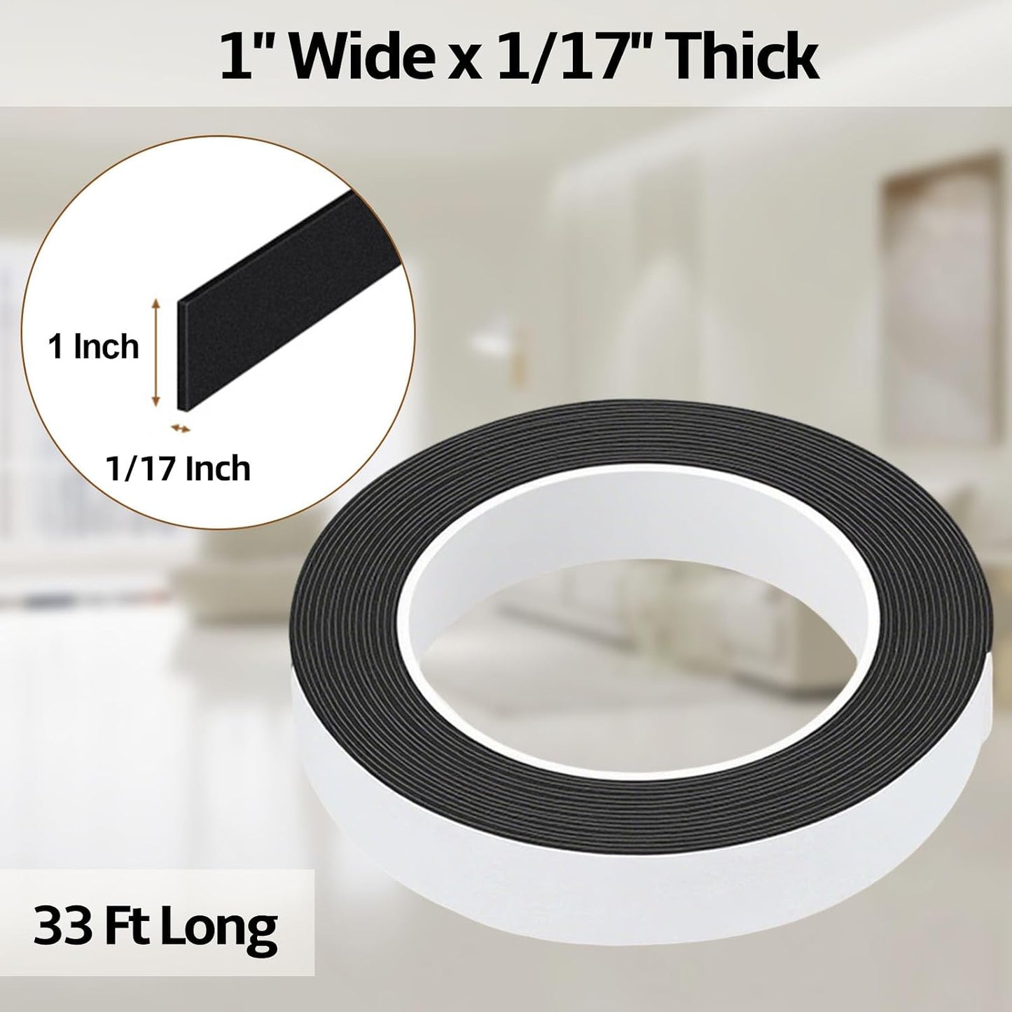 1 in Wide x 1/8 in Thick x 33FT Foam Weather Stripping Door Seal,Window Sealing Tape，Single-Sided Self-Adhesive Insulation Sealing Strip White