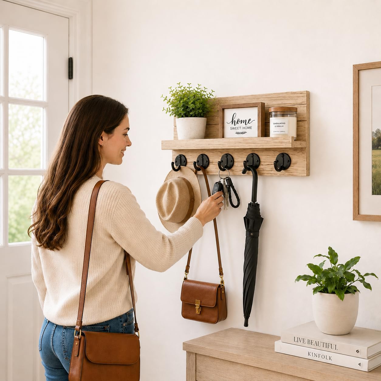 Key Holder for Wall, Decorative Key and Mail Holder, Key Holder Wall Mount with Shelf and Large Hooks, Easy Installation Key Rack for Entryway and Home Decor