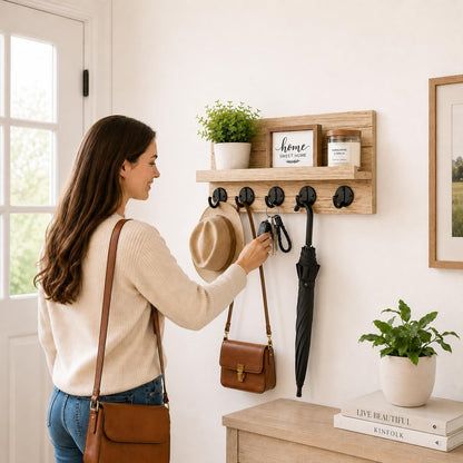 Key Holder for Wall, Decorative Key and Mail Holder, Key Holder Wall Mount with Shelf and Large Hooks, Easy Installation Key Rack for Entryway and Home Decor