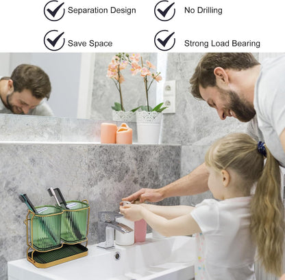 Green Toothbrush Holders for Bathrooms, Toothbrush Holders with Drain Tray | 2 Cups Tooth Brushing Holder, Bathroom Organizers and Storage Caddy Countertop for Toothpaste, Razors, Toothbrush