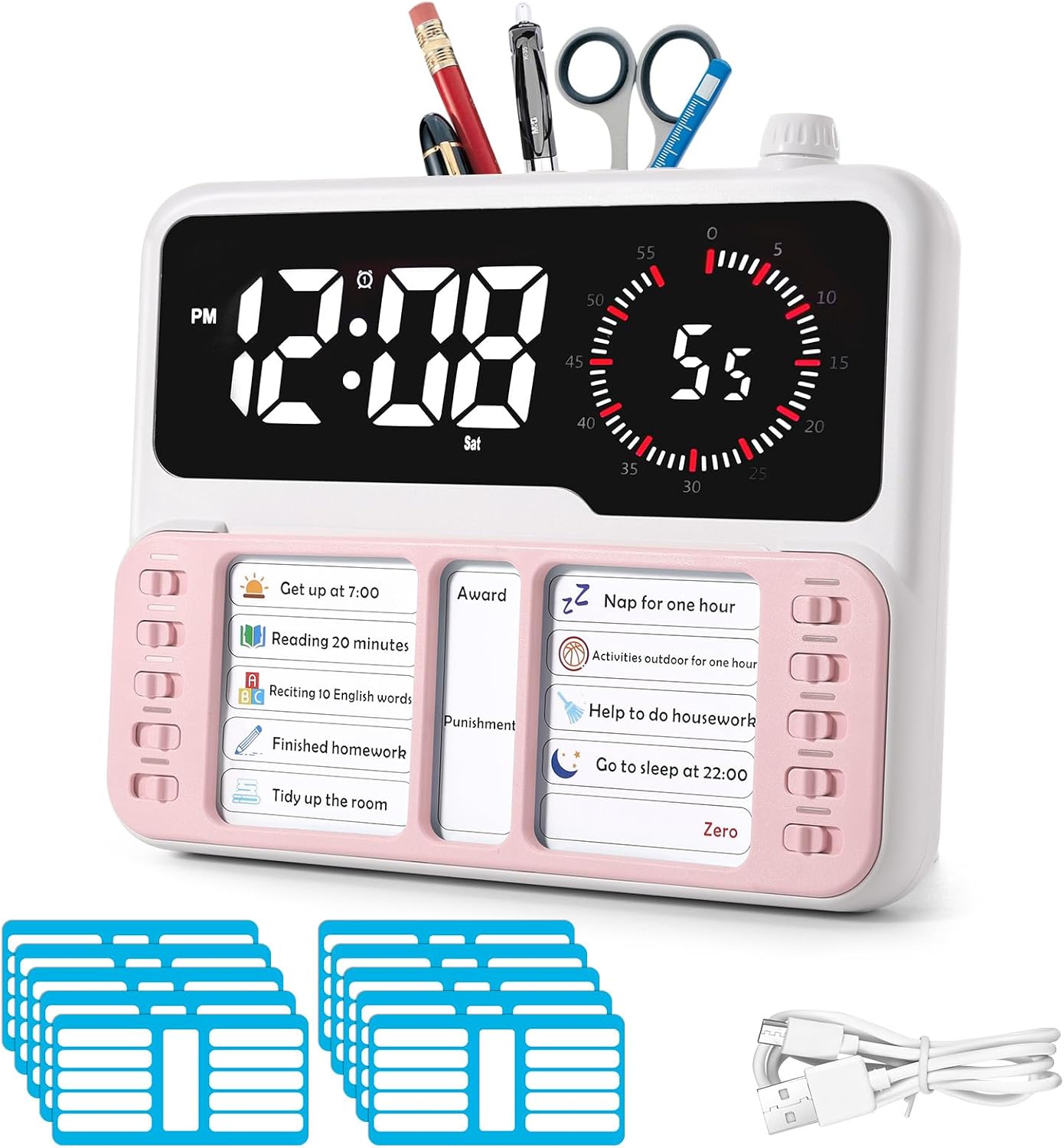7-in-1 Visual Timer with Task Planner - Blue | ADHD Time Management Tool With Alarm, Countdown, Calendar, Temperature Display and Storage, Ideal for Home and School