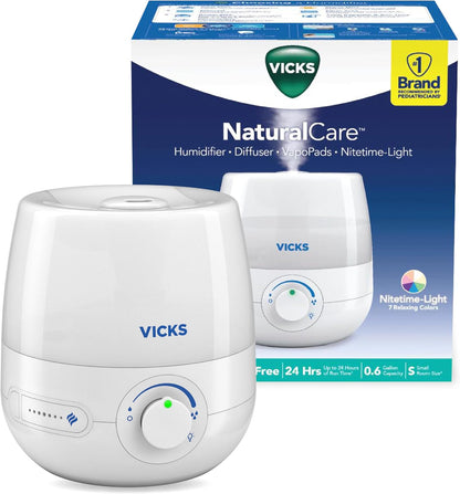 Vicks NaturalCare Cool Mist Ultrasonic Humidifier, White | Small Room Humidifier for Bedroom, Diffuser with Nighttime Light, Works with Vicks VapoPads