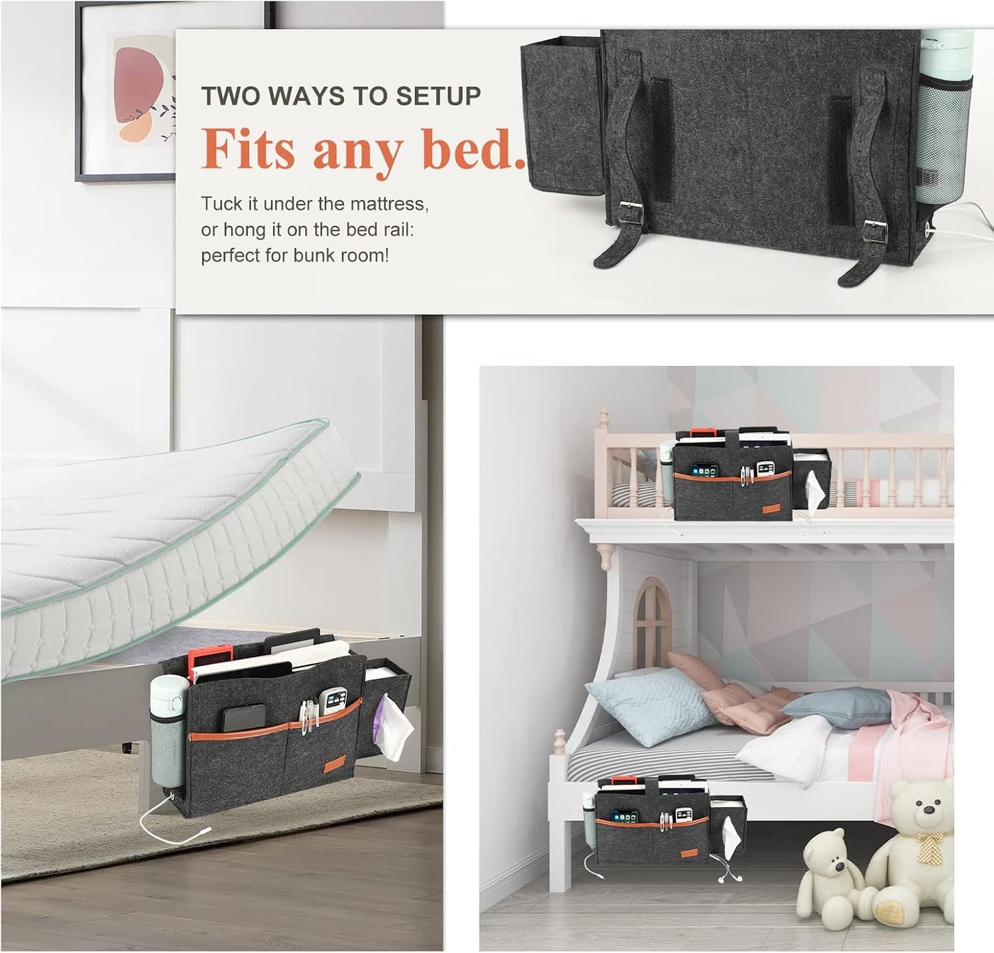 Surblue Bedside Caddy Felt Storage Organizer Hanging Bag with Tissue Box and Water Bottle Pocket for Mattress, Sofa, Bunk Bed, Dark Gray